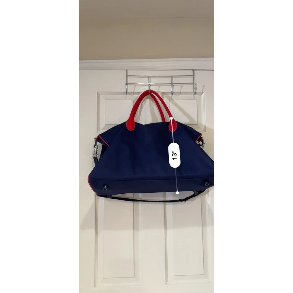 Tommy Hilfiger Duffel Bag Navy Blue Red White Canvas Weekend Travel Logo Strap